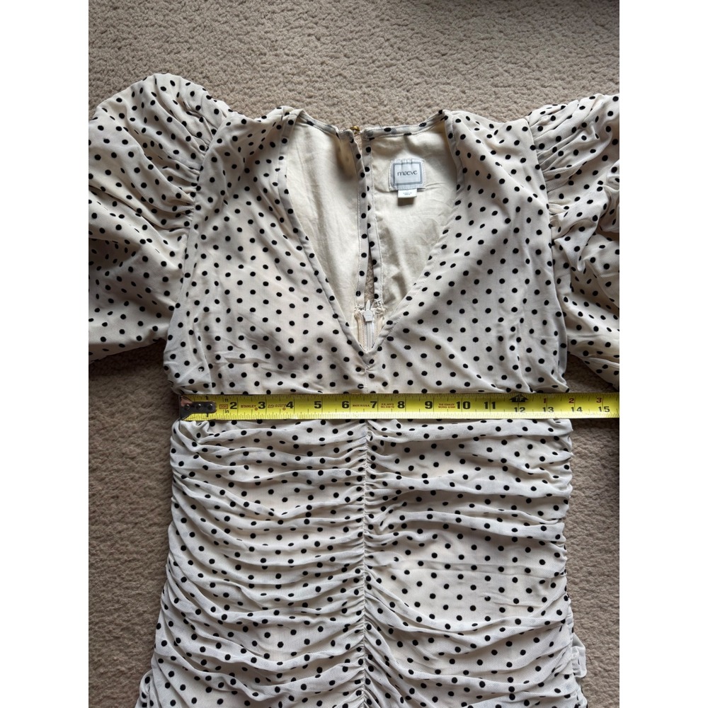 Maeve Anthropologie Polka Dot Ruched Mini Dress Puff Sleeve Cream Black Size M - Picture 5 of 7